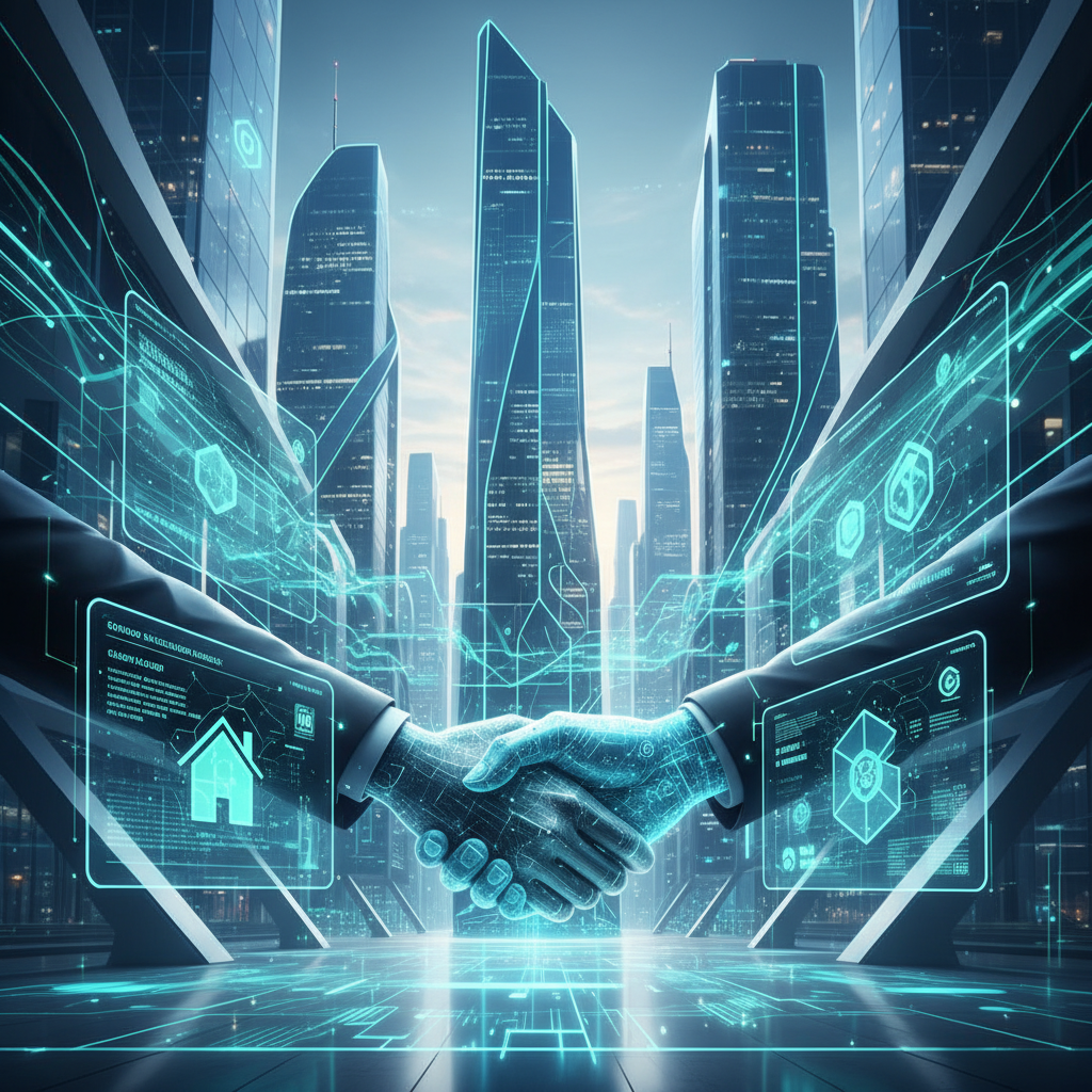 A sophisticated, clean, and futuristic scene depicting the seamless integration of blockchain techno