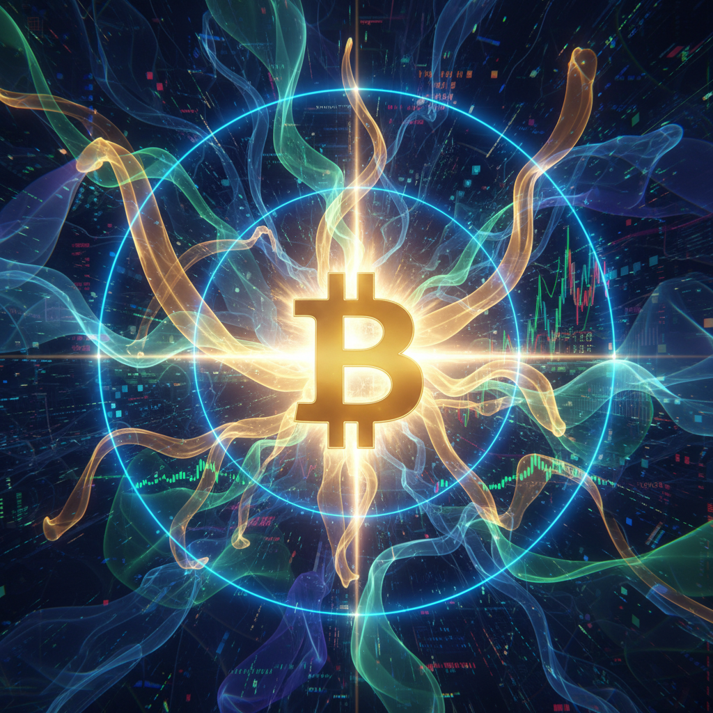 A powerful, luminous Bitcoin symbol standing firm amidst a dynamic, abstract storm of digital waves 