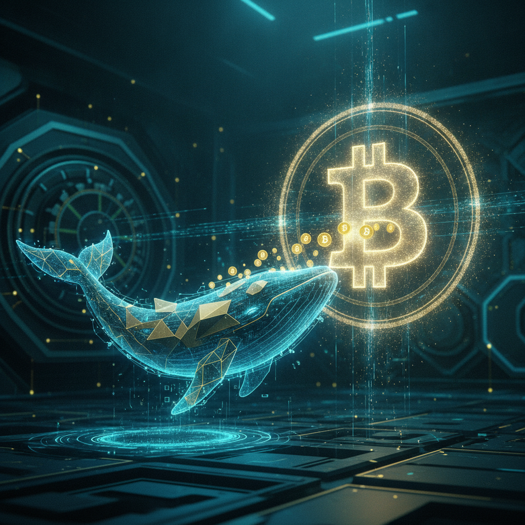 A conceptual, high-tech, 1024x1024 square image illustrating institutional investment in Bitcoin. A 