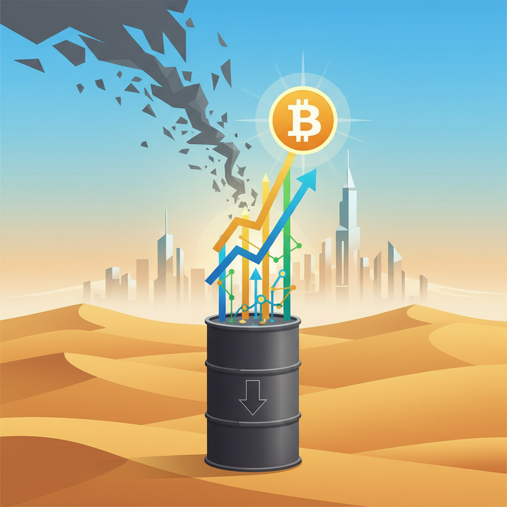 A modern, symbolic representation of peace and economic relief in the Middle East, leading to crypto