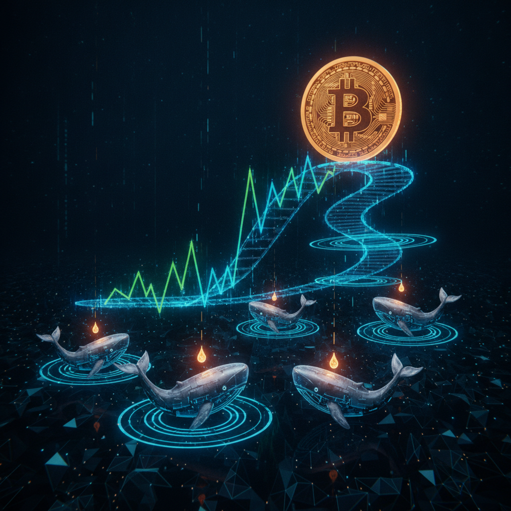 A dynamic, conceptual illustration depicting the volatility of the Bitcoin market. A prominent, glow