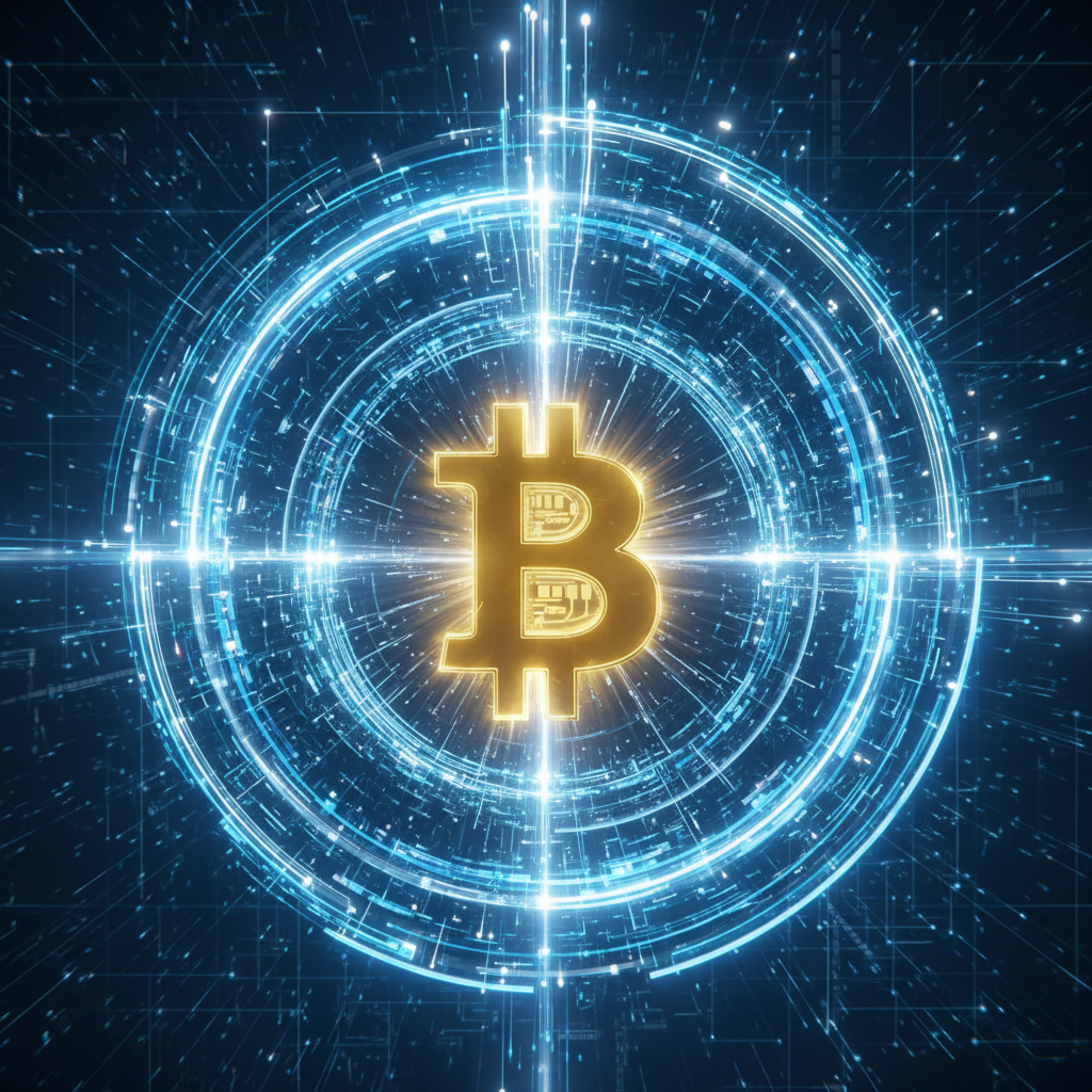 A powerful, stylized golden Bitcoin symbol glowing brightly at the center, surrounded by elegant, ab
