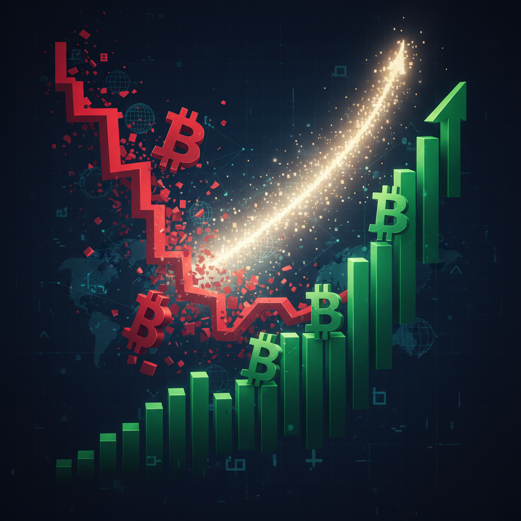 A visually striking abstract representation of the Bitcoin market. On one side, a dramatic downward-