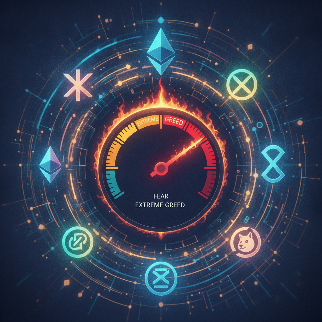An abstract and energetic visualization of market sentiment. A prominent, stylized 'Fear & Greed Ind