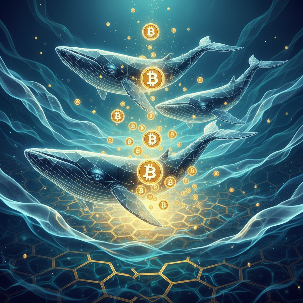 An abstract and sophisticated depiction of large, stylized digital whales (representing institutiona