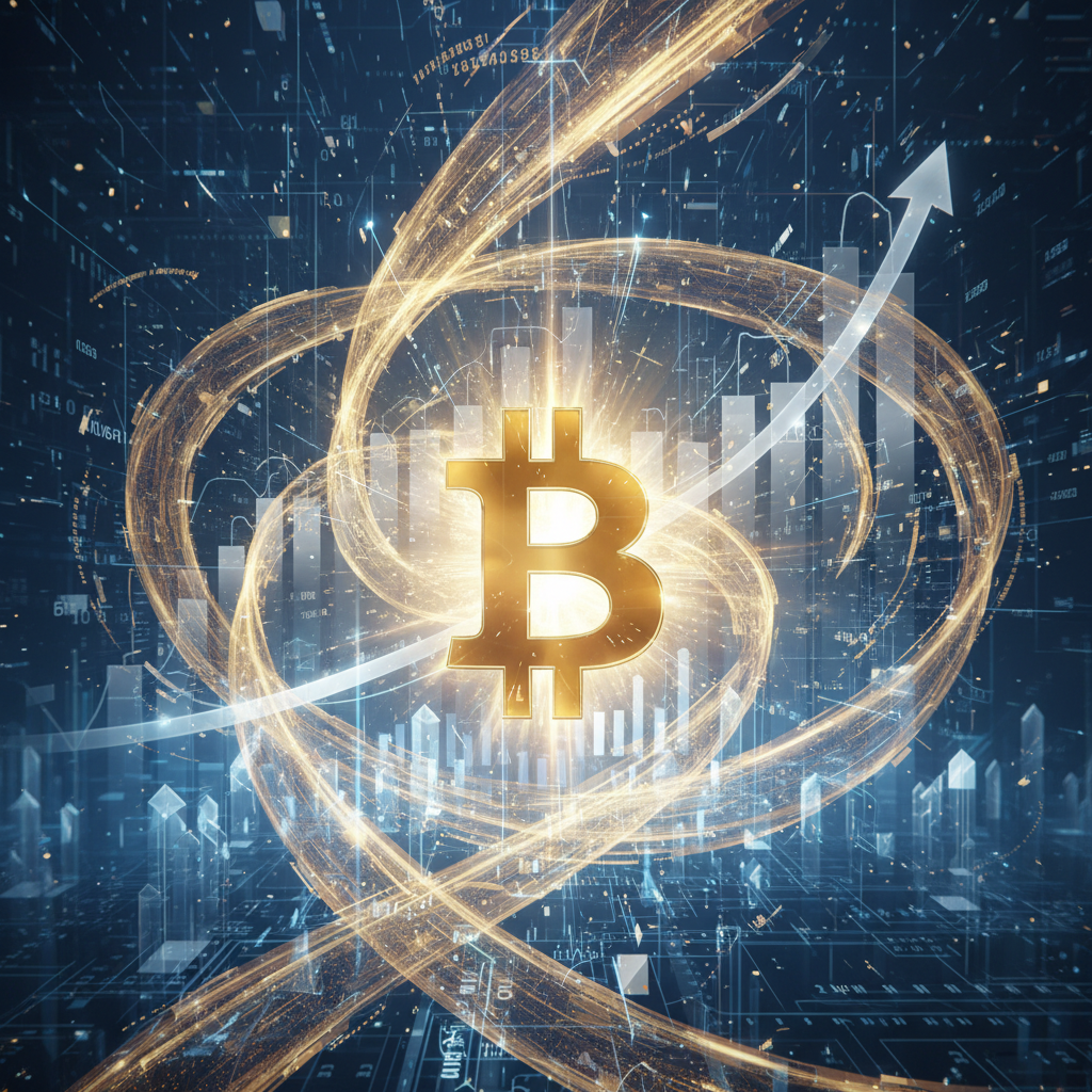 A powerful and sophisticated digital illustration depicting a prominent, glowing Bitcoin symbol at t