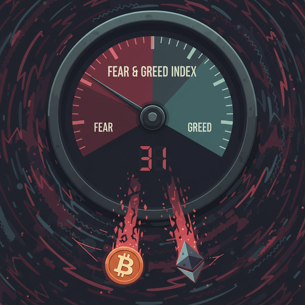 A visual representation of 'Fear' dominating the cryptocurrency market. A large, stylized 'Fear & Gr