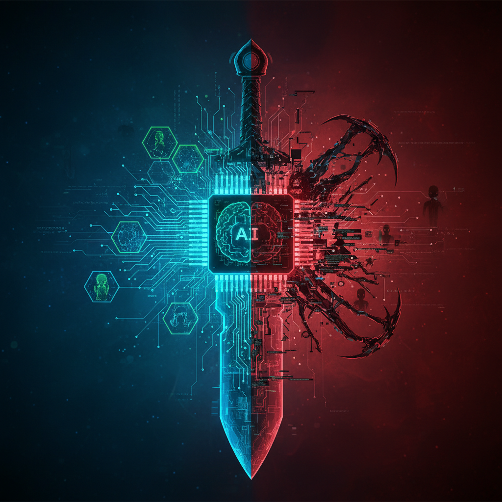 A conceptual digital illustration representing the 'double-edged sword' of AI and security in the bl