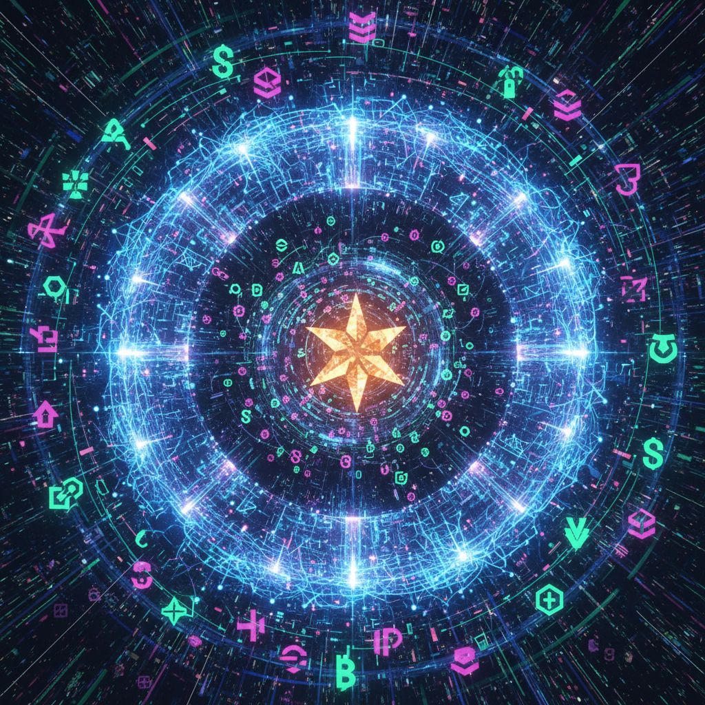 A vibrant, futuristic scene depicting the convergence of Artificial Intelligence and blockchain tech