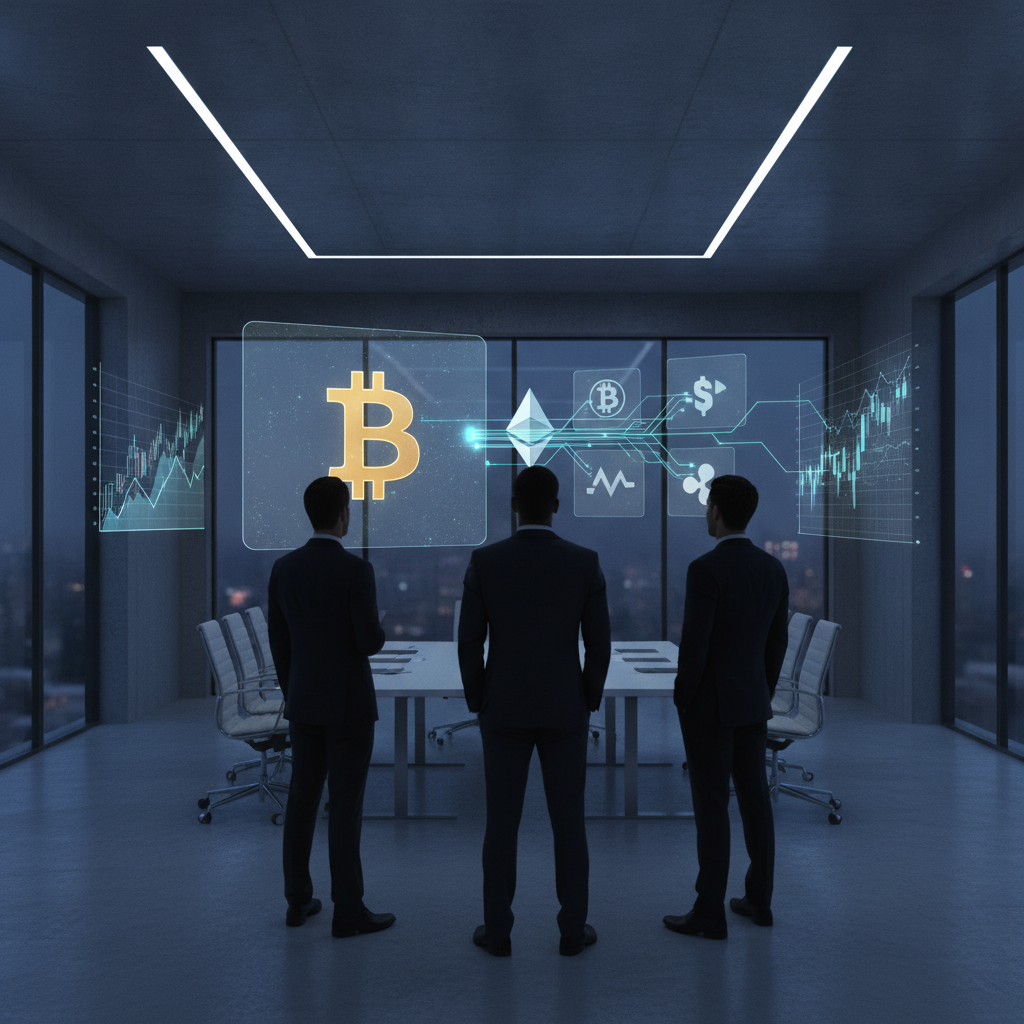 A sophisticated and clean visual representing institutional investment in cryptocurrencies. Silhouet