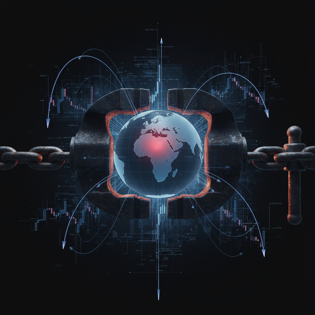 A dramatic and complex visual representing global macroeconomic pressures. In the center, a stylized