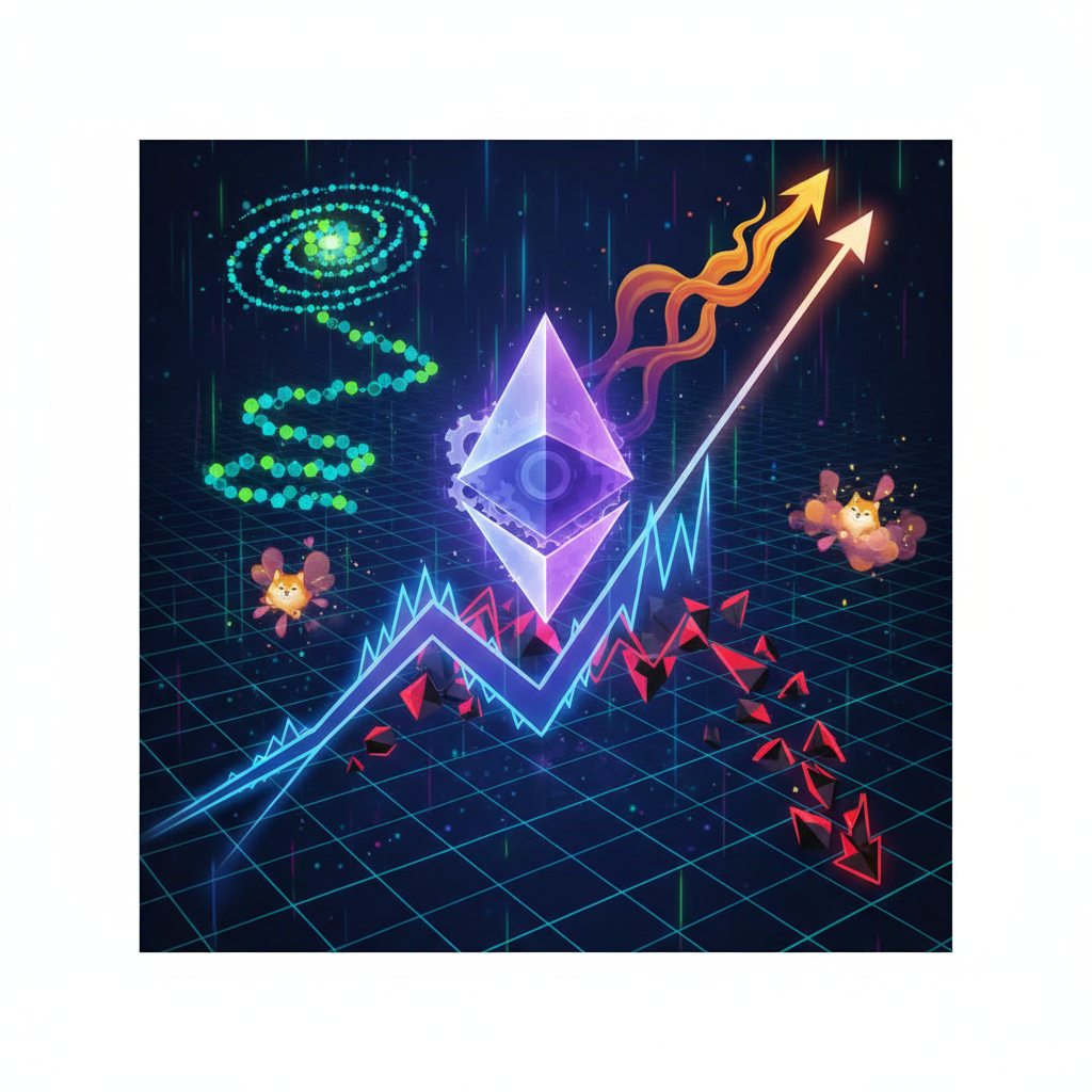 A dynamic and visually diverse digital illustration showcasing various abstract, glowing cryptocurre