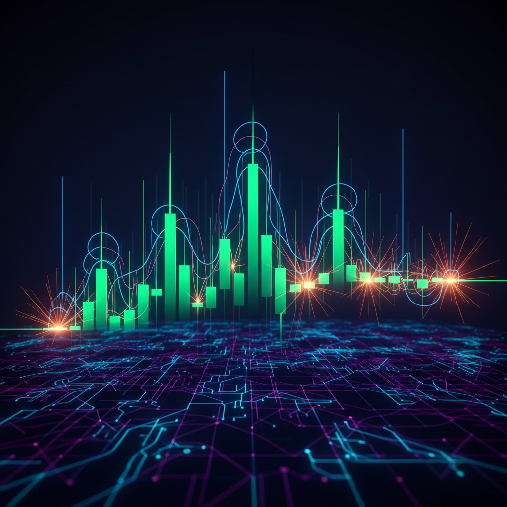 A dynamic, abstract representation of a cryptocurrency market. Sharp, volatile green candlestick pat