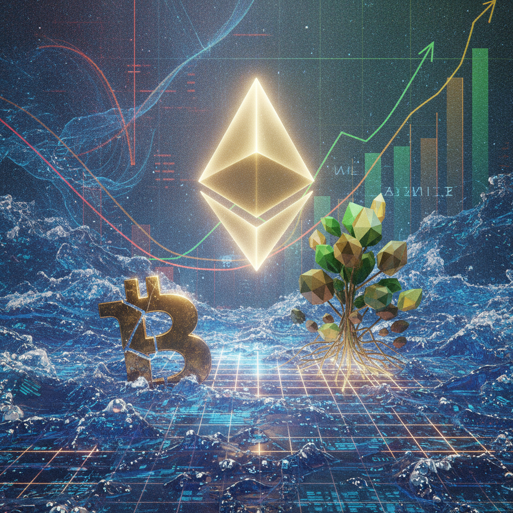 A striking visual depicting market divergence. In the foreground, a cracked, somewhat dim Bitcoin sy