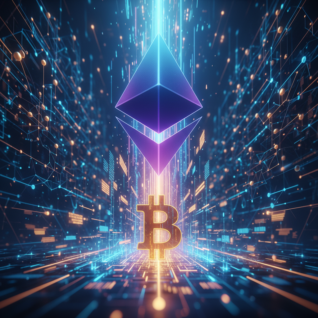 A powerful and futuristic visual depicting Ethereum's ascent. A large, glowing Ethereum (ETH) logo i