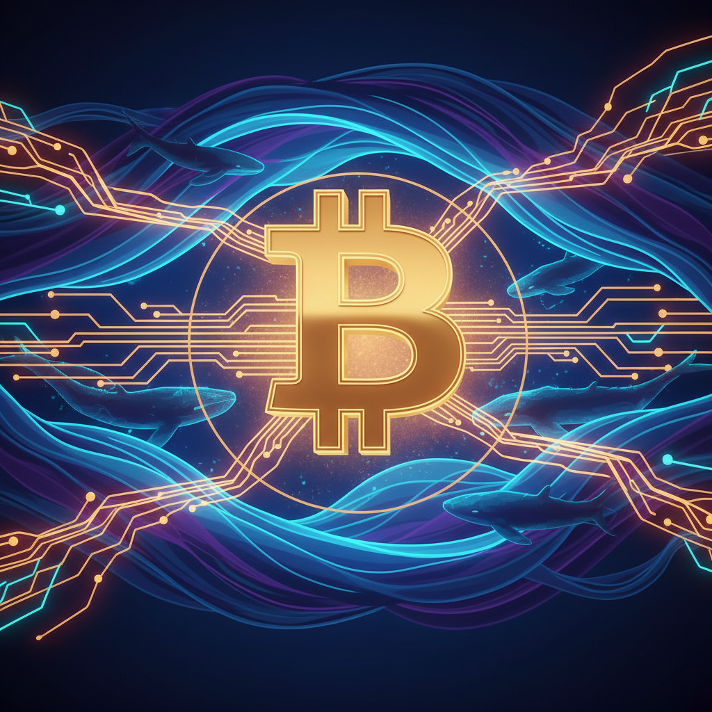 A powerful and sophisticated digital illustration focusing on Bitcoin. A large, prominent Bitcoin sy