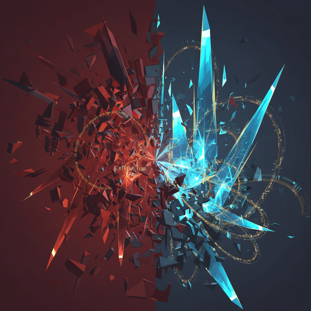 An abstract, dynamic digital artwork illustrating the contrasting forces in a volatile cryptocurrenc