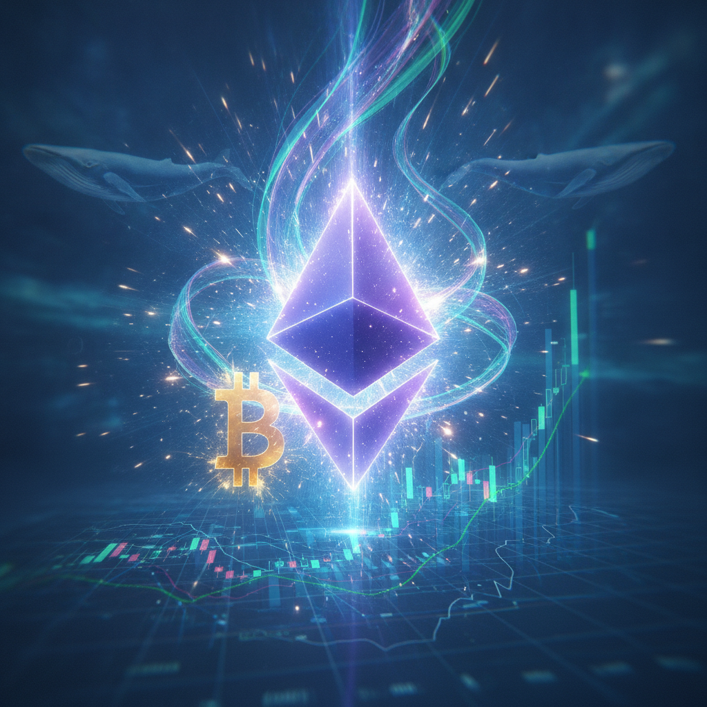 A powerful, dynamic visual representing Ethereum's ascendancy. A large, glowing Ethereum logo symbol