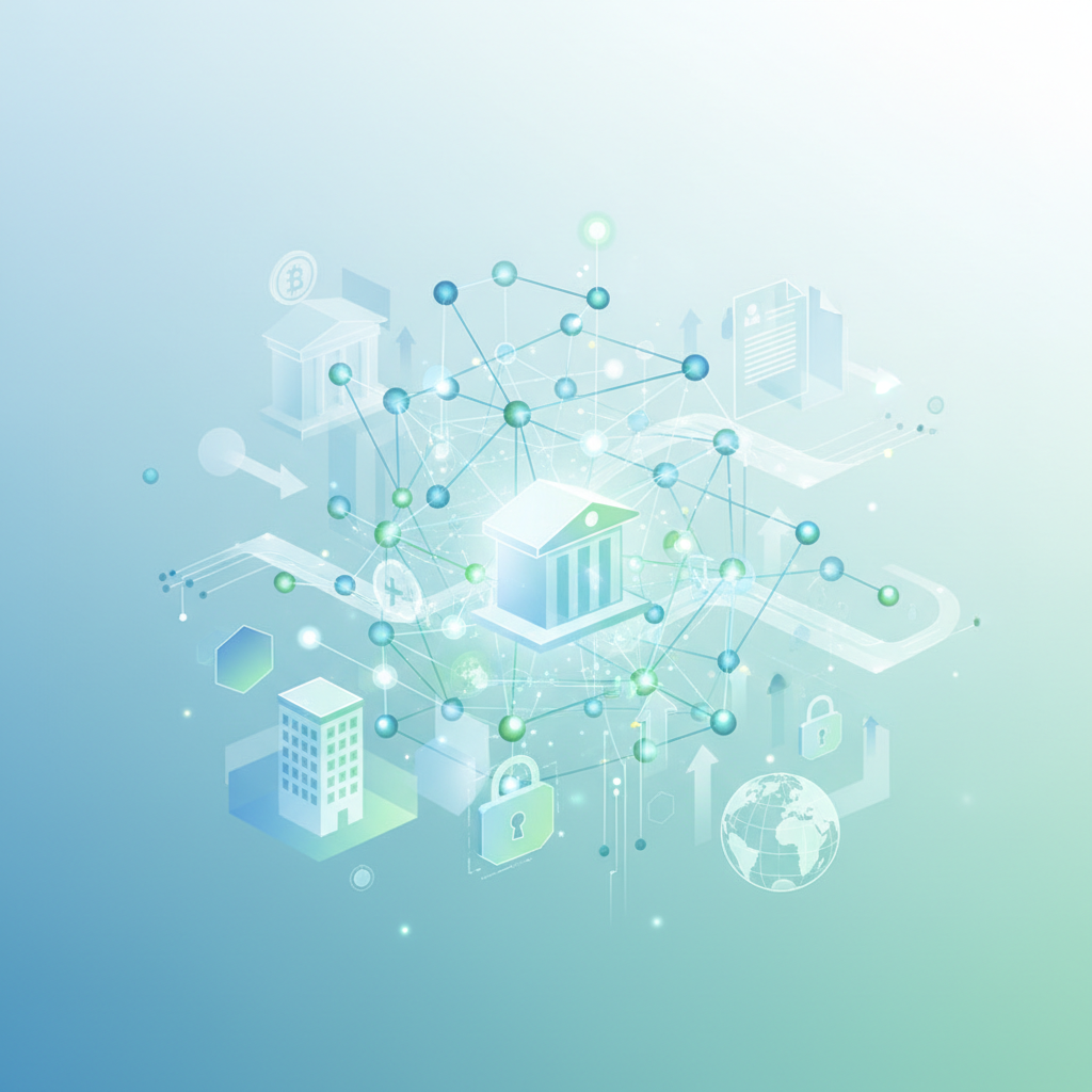 A futuristic and optimistic depiction of the evolving blockchain ecosystem. The image features inter