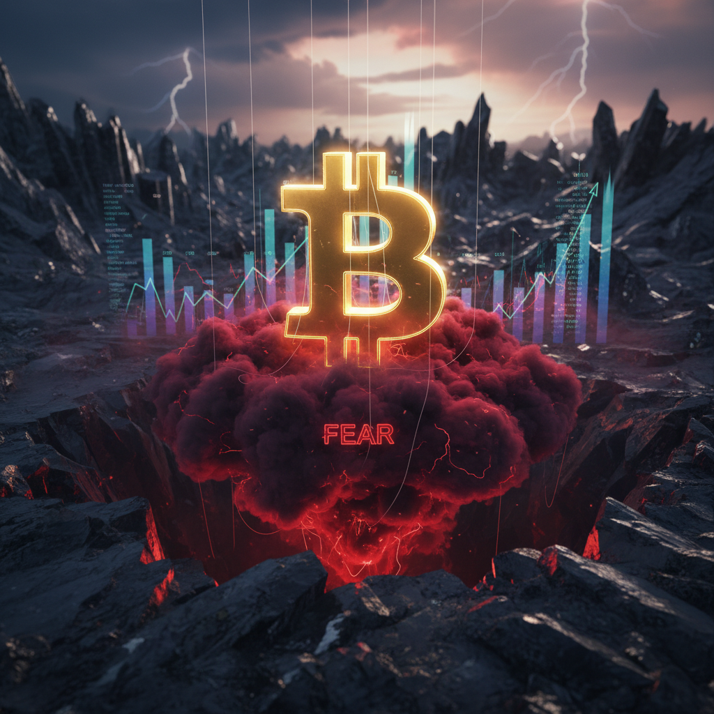 A dramatic, conceptual image illustrating the fragile state of the cryptocurrency market. A large, g