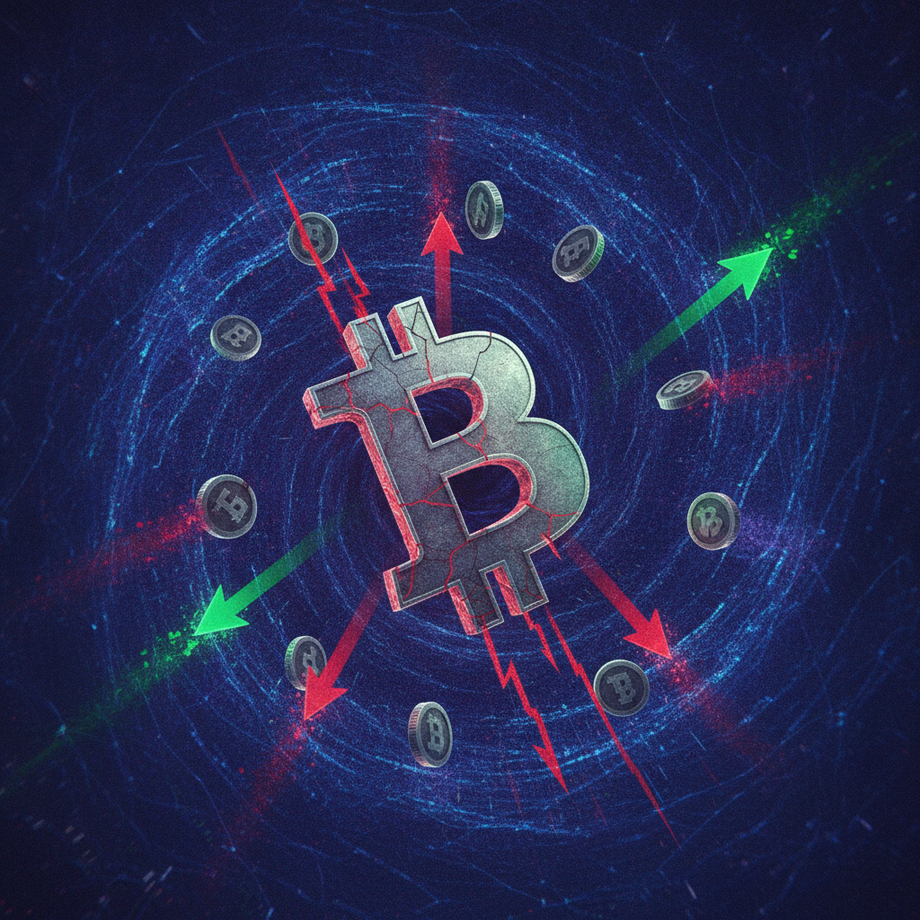 A dynamic conceptual image representing the turbulent cryptocurrency market. A large, central Bitcoi