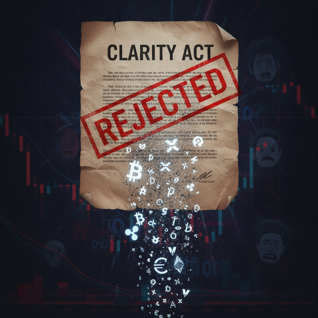 A powerful visual representing the impact of regulatory setback on the crypto market. A large, offic