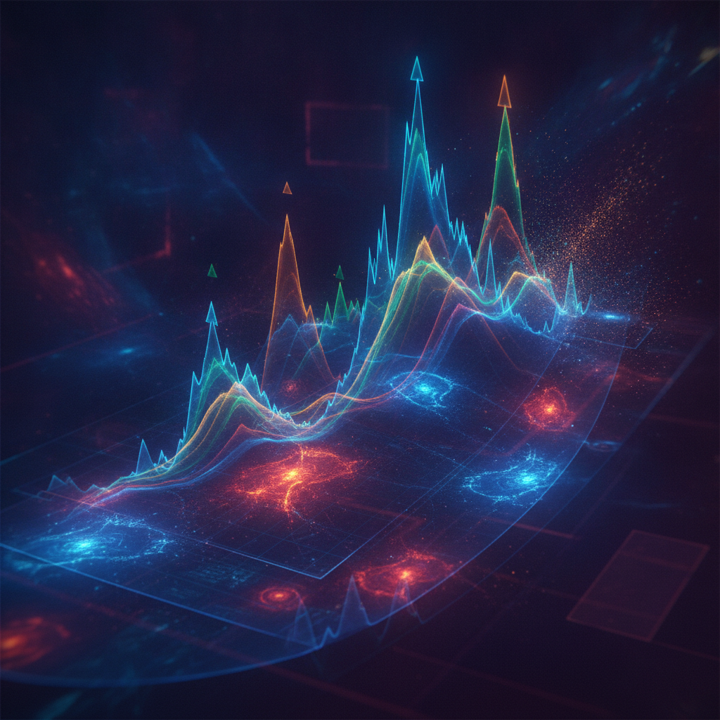 A dynamic, abstract visualization focusing on the Binance USDT-M futures market for altcoins. Multip