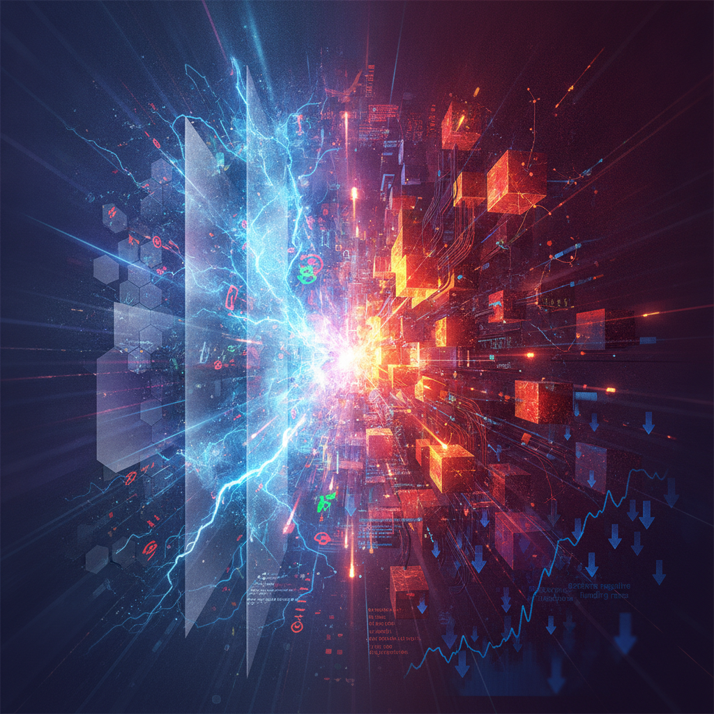 An abstract and dynamic digital illustration visualizing the complex forces within a cryptocurrency 