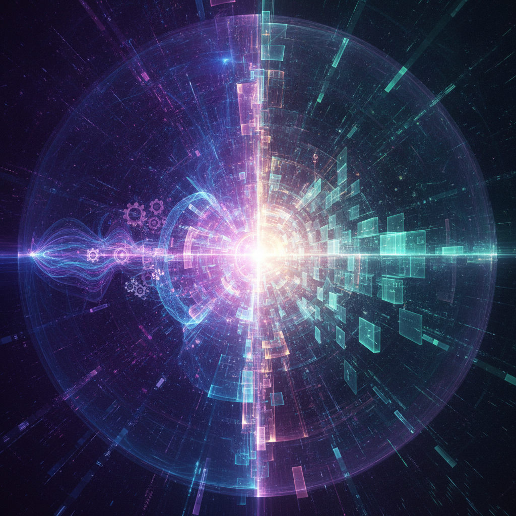 An abstract and futuristic image showcasing the powerful synergy between AI and Blockchain. Two dist