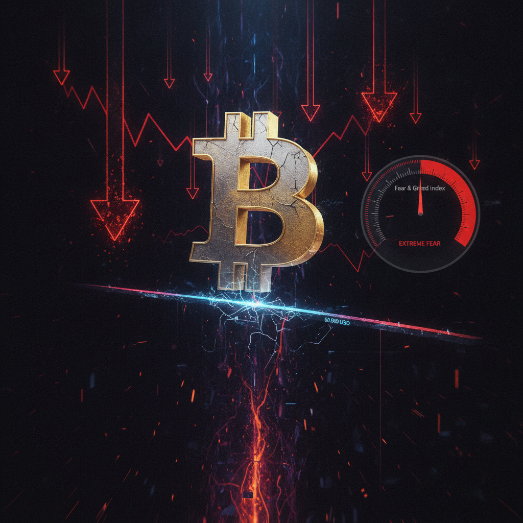 A dramatic, close-up shot of a large, stylized Bitcoin symbol precariously balanced on a thin, crack