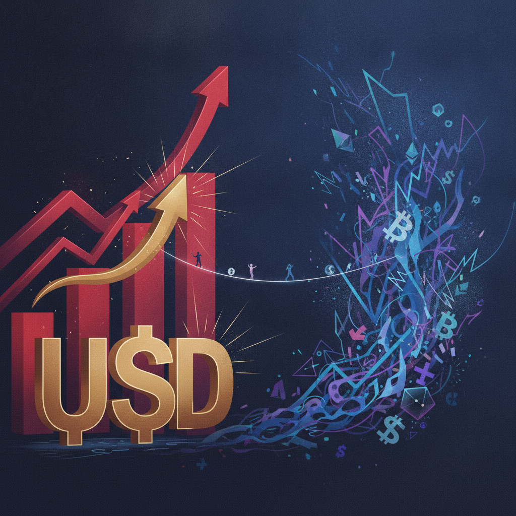 An abstract, symbolic illustration depicting the tension between strong macroeconomic forces and vol