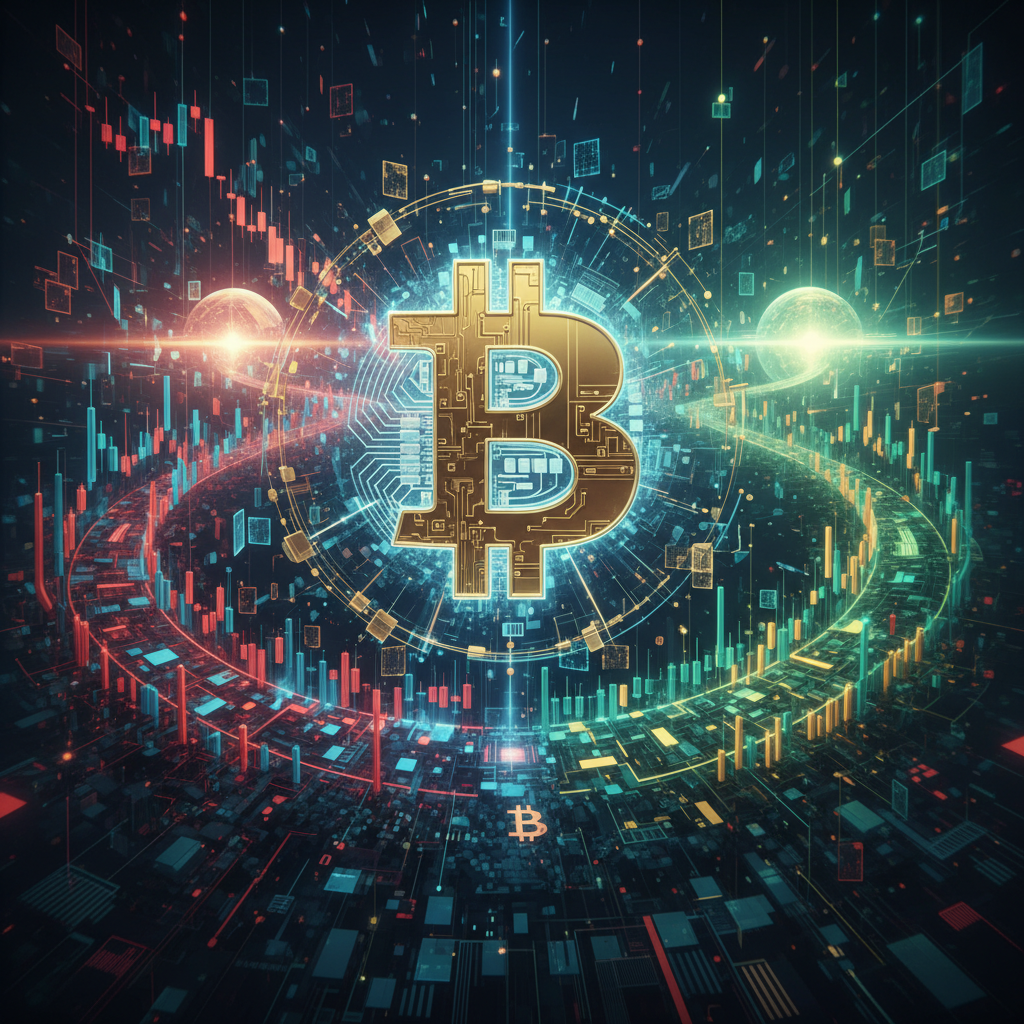 A powerful visual metaphor for Bitcoin at a critical juncture. A large, stylized Bitcoin symbol is p