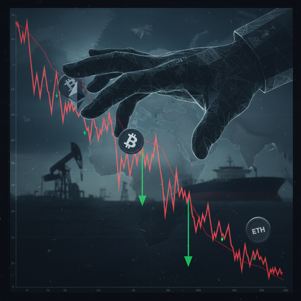 A close-up, dramatic shot of a digital cryptocurrency market chart displaying a sharp downward trend