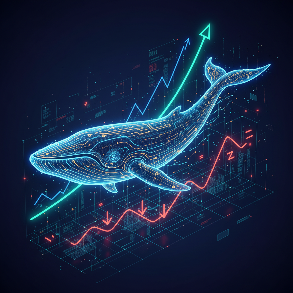 A majestic, glowing digital whale swims gracefully through an abstract representation of the Bitcoin