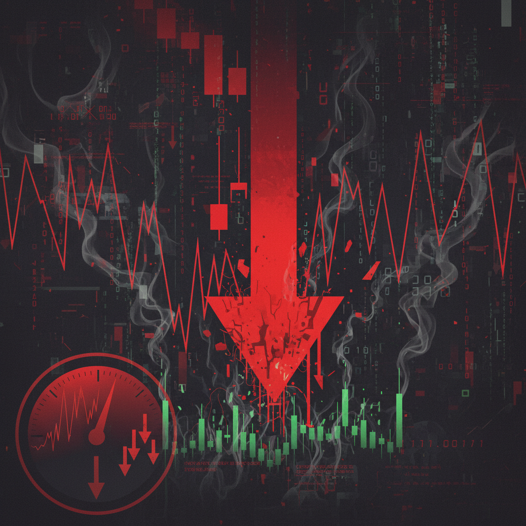 An abstract and dramatic visualization of 'Extreme Fear' dominating the cryptocurrency market. A tow
