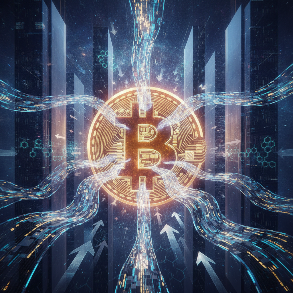 An abstract and powerful visualization of institutional capital flowing into Bitcoin. Imagine a colo