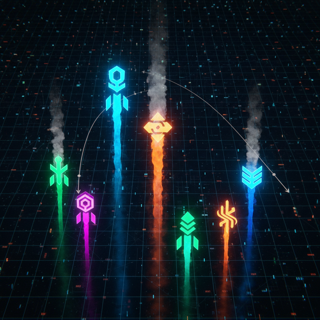 A dynamic digital art illustration showing several abstract, glowing cryptocurrency symbols (not rea