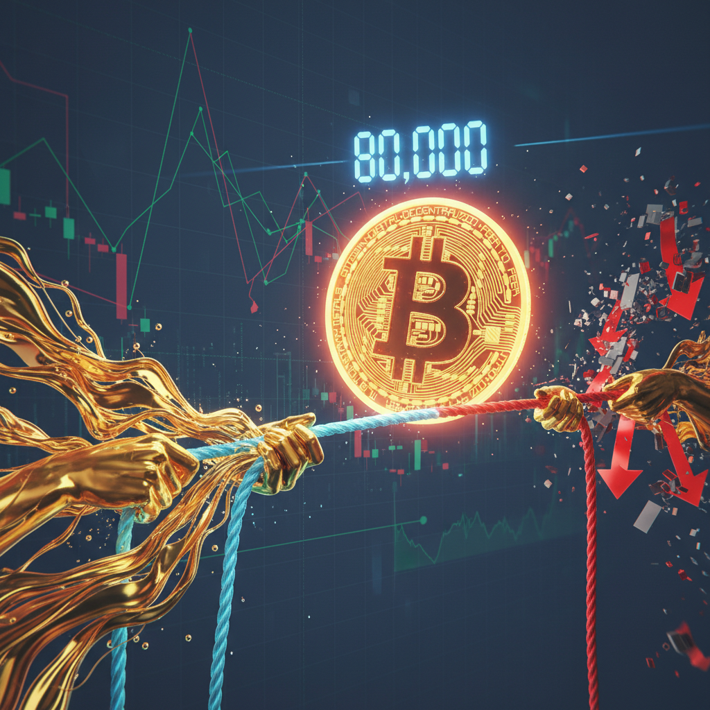 A visually striking conceptual image illustrating a 'tug-of-war' around a large, glowing Bitcoin sym