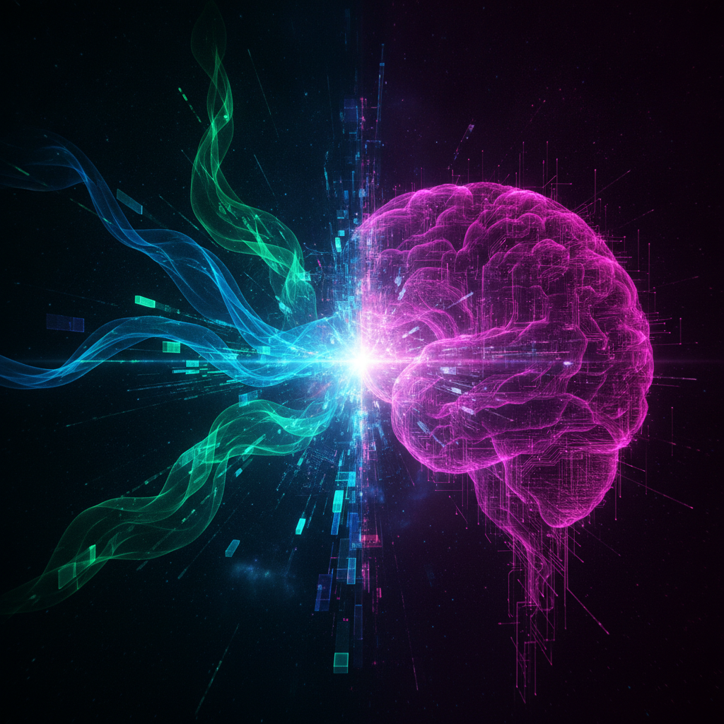 A futuristic and conceptual digital art image illustrating the powerful fusion of blockchain and art