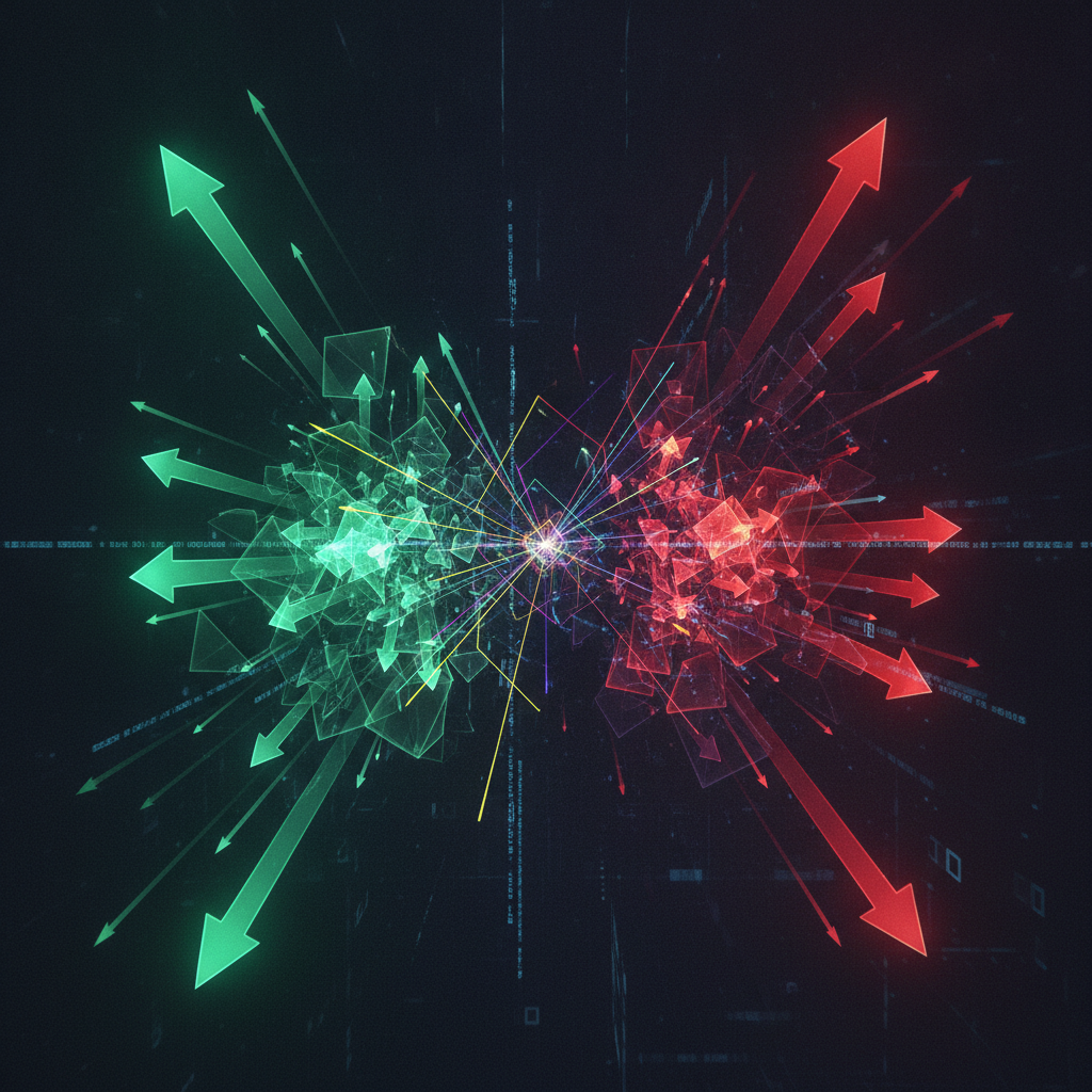An abstract visualization of volatile cryptocurrency market dynamics. Intersecting lines and forms r