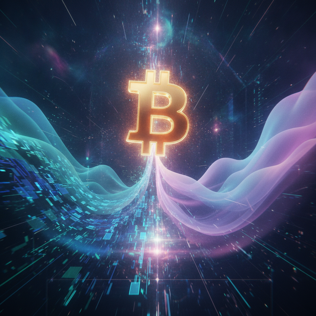 An abstract, high-tech digital art piece depicting a glowing, stylized Bitcoin symbol being powerful
