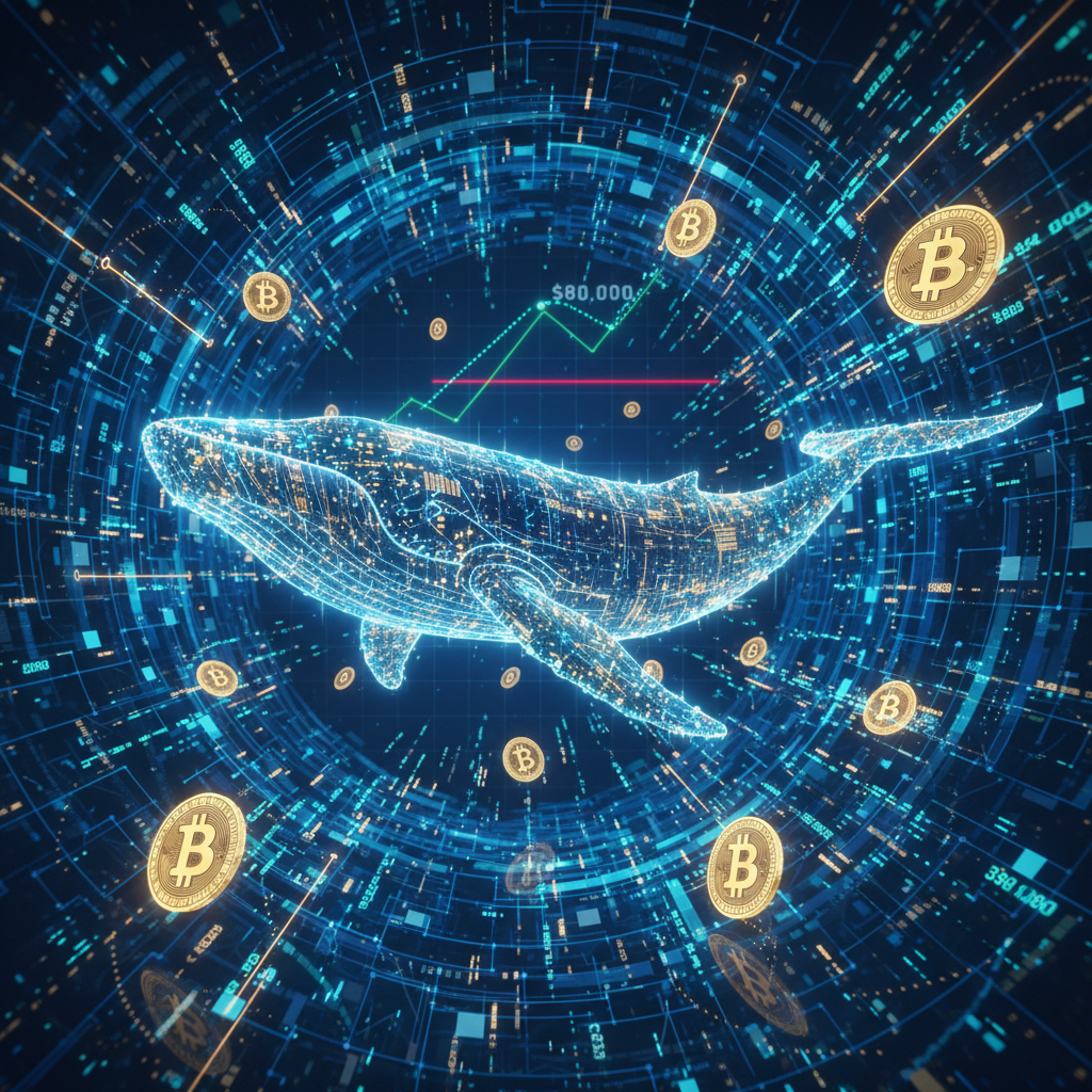 A powerful, digitally stylized whale, composed of glowing light and data patterns, is seen gracefull