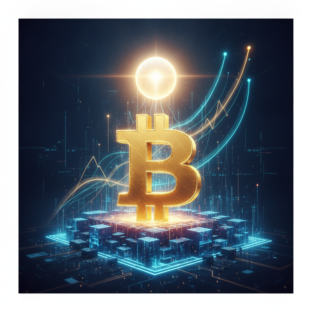 A powerful and stable image representing Bitcoin's strength and upward journey. A large, shimmering,