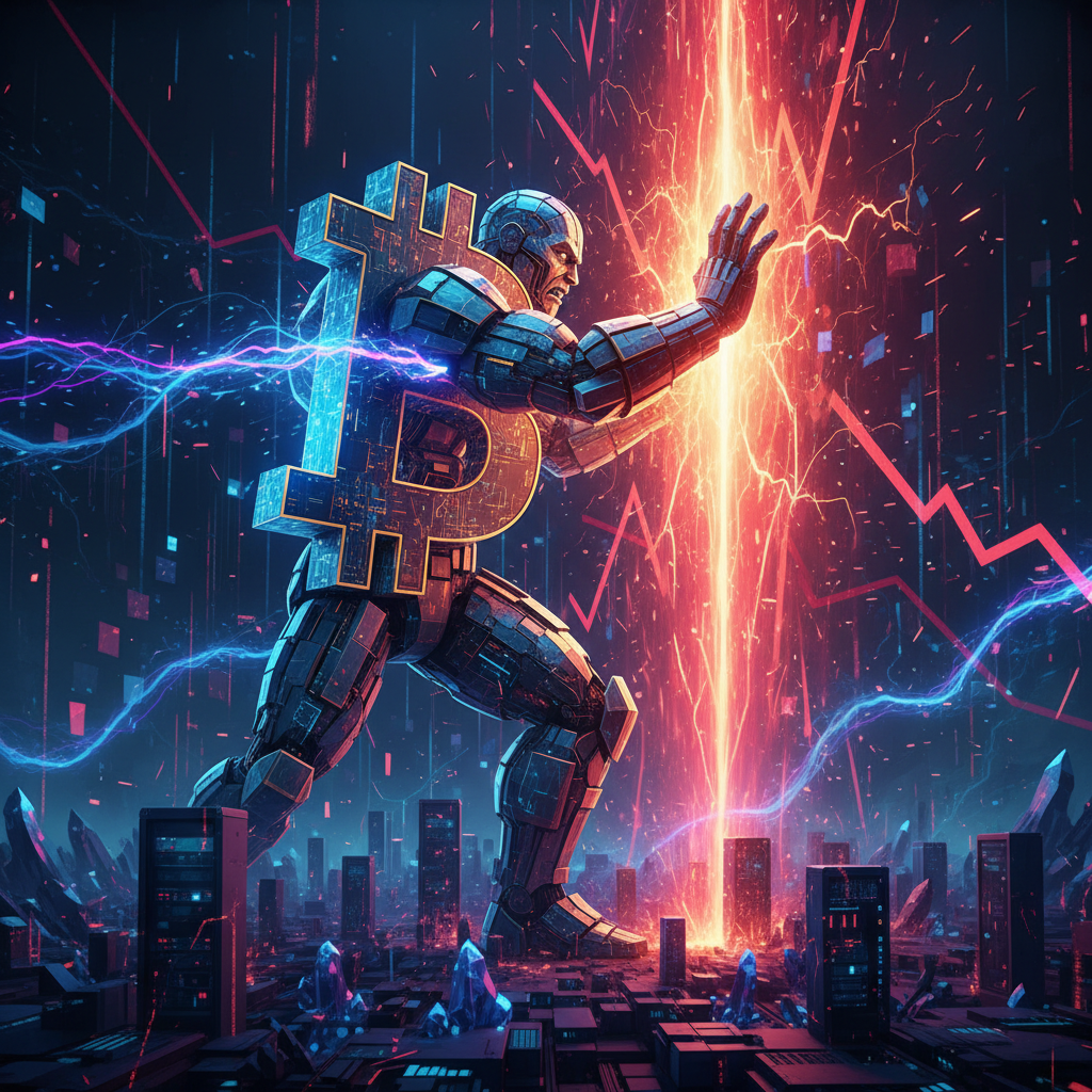 A majestic, colossal Bitcoin symbol, stylized as a digital titan, standing firm yet showing signs of