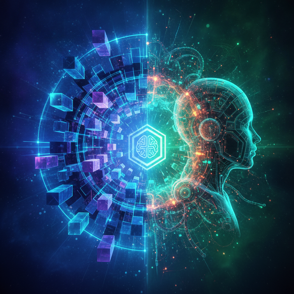 A futuristic and synergistic digital art piece showcasing the convergence of Blockchain and AI. Two 