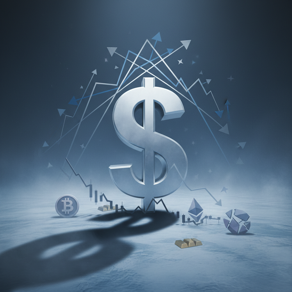 A conceptual image illustrating macroeconomic pressure on global risk assets. A powerful, dominant U
