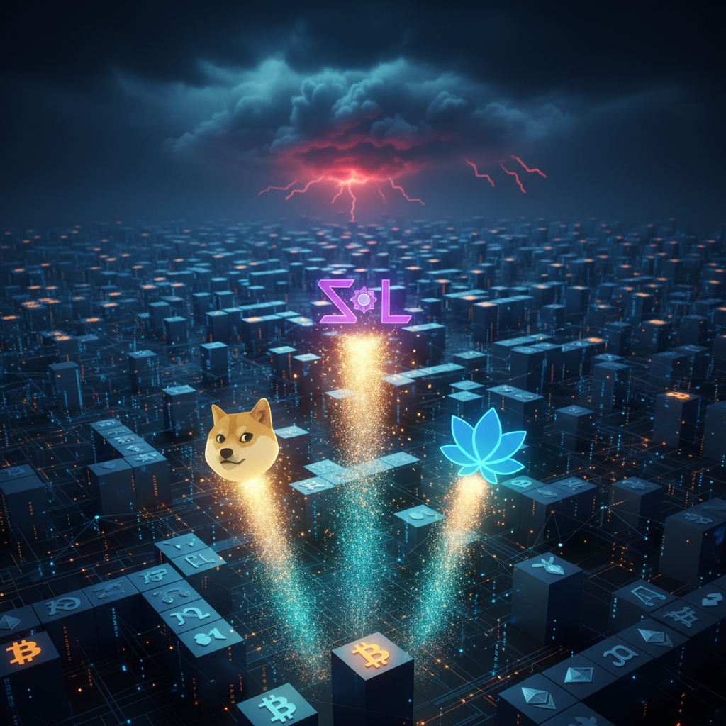 A metaphorical digital landscape representing the cryptocurrency market. In the foreground, a few in