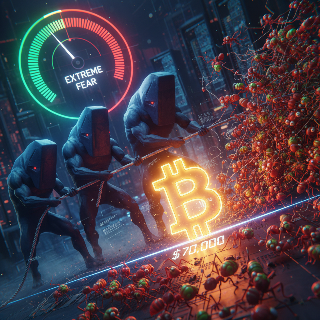 A powerful, allegorical image depicting a tug-of-war over a large, glowing Bitcoin symbol. On one si