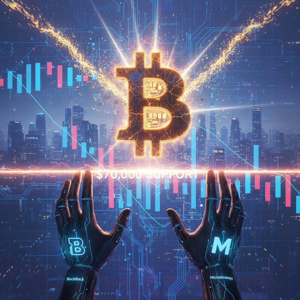 A powerful visual depicting Bitcoin's critical moment. A large, slightly cracked Bitcoin symbol hove