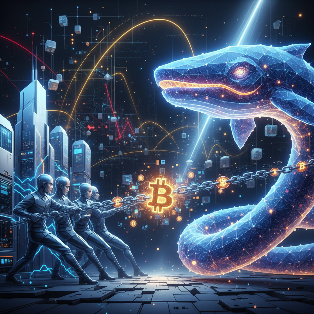 A dynamic and conceptual digital artwork, 1024x1024, illustrating an intense 'tug-of-war' over Bitco